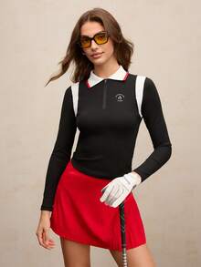 Activina Polo deportivo de manga larga con bloques de color para golf y tenis de mujer - Negro - Ver 4