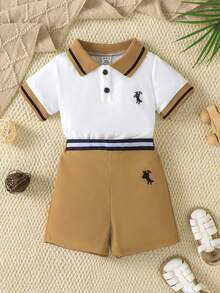 Souflis Souflis 2 Peças Conjunto de Moda Casual de Verão para Menino, Camisa Polo com Bordado de Cavalo em Bege, Shorts Cáqui com Cinto, Adequado para Uso Diário e Passeios, Camisa Polo e Shorts para Menino, Conjunto de Verão para Menino, Conjunto de Camisa e Shorts para Menino - Multicolorido - Visão 3