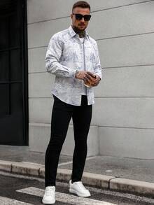 Manfinity CasualCool قميص رجالي بأكمام طويلة، قماش جاكار فضي، نسيج مطرز فاخر - فضي - مشاهدة 6