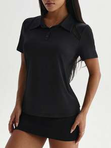 Dewbera Women's Casual Loose Fit Mesh Splice Polo Shirt, Suitable For Daily Wear, Running, Yoga, Gym, Tennis, Golf, Etc. Spring/Summer/Autumn Polo Dress Women - Black - View 3