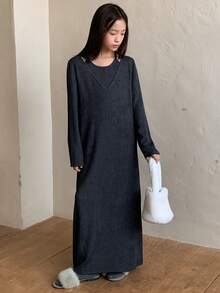 Dazy Kids 少女针织二合一连衣裙，秋季款 - 深灰色 - 查看 4