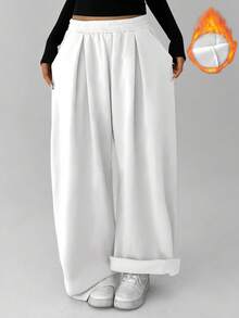 FavEase Women's Fleece Elastic Waist Solid Color Pleated Casual Sweatpants - White - View 3