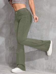SHEIN ICON 大码女式复古弹力修身喇叭牛仔裤，百搭牛仔/竞技风格 - 軍綠色 - 查看 4