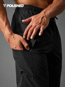 Acti Log Boyfriend Style Men Drawstring Waist Flap Pocket Side Sports Pants Fall Fall Breathable Sweat-Wicking Lightweight Comfortable Running Muscle Minimalist Design Slim Fit For Workout Joggers Gymwear - Black - View 7