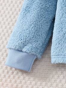 Girls Smoke Blue Minimalist Plush Animal Cat Graphic Embroidered Long Pants & Long Sleeve Comfortable Pajama Set - Dusty Blue - View 6