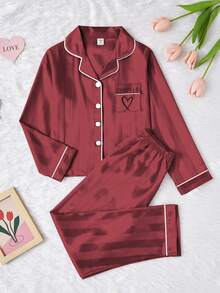 Ensemble de pyjama 2 pièces pour adolescentes, pantalon long et haut à manches longues en tissu sergé champagne avec broderie de cœur, style minimaliste et décontracté