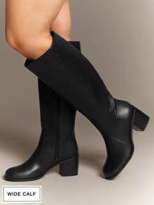 SHUZIA 女式宽筒日常休闲舒适圆头粗跟及膝靴 - 黑色 - 查看 2