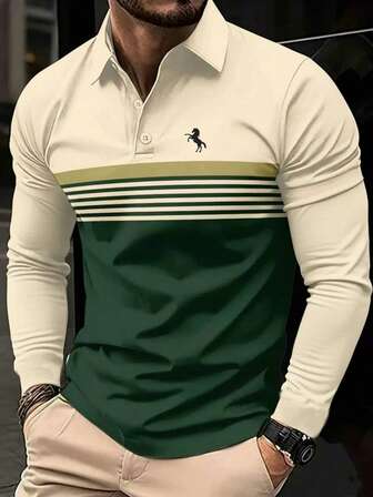 Manfinity 100% Polyester Striped Polo Shirt - Men's Casual Regular Fit, Slightly Stretchy - Button Collar, Long Sleeve Top