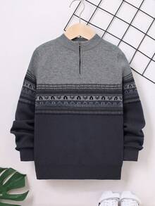 SHEIN 复古图案宽松长袖半拉链毛衣，适合青少年男孩 - 灰色 - 查看 7