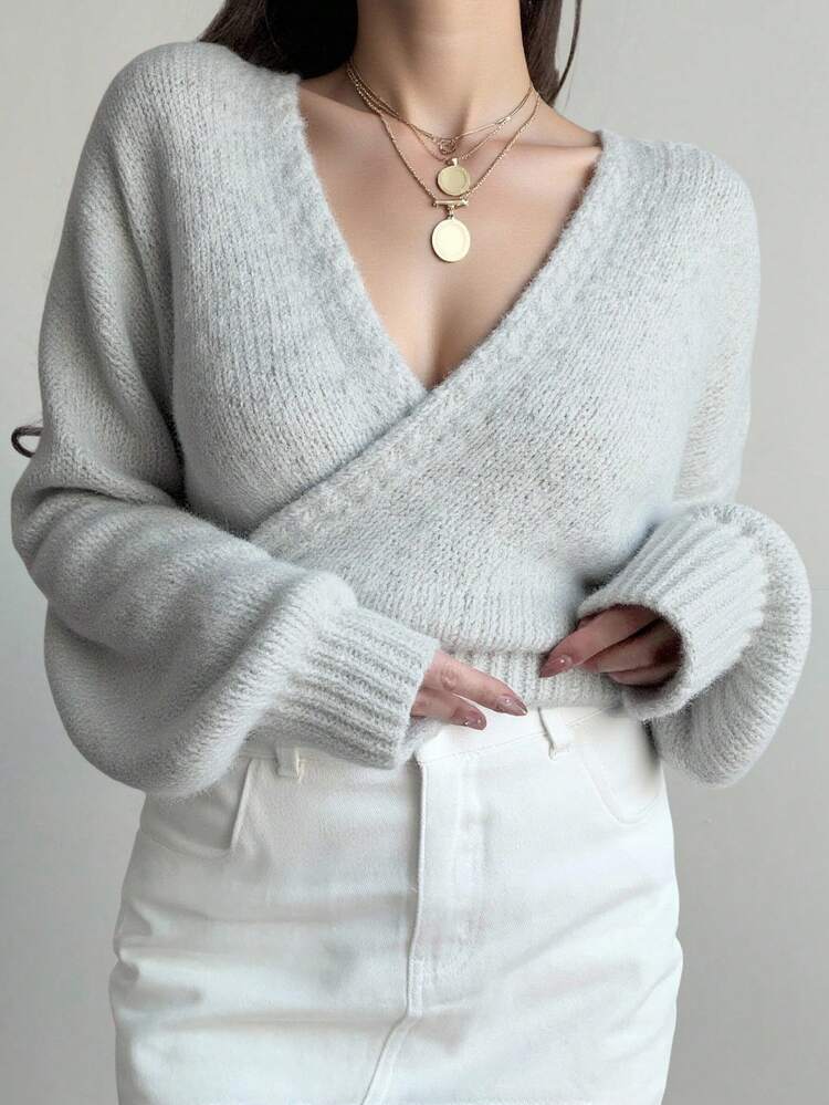 Women's Solid Color Overlap V-Neck Dropped Shoulder Long Sleeve Loose Sweater, Autumn/Winter