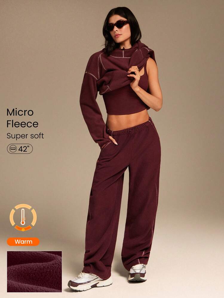 Micro Fleece Cozy Season Soft Warm Contrast Stitching Pockets Adjustable Elastic Waist Slouchy Barrel-Leg Pants Autumn Winter Outdoors Daily Casual Wear