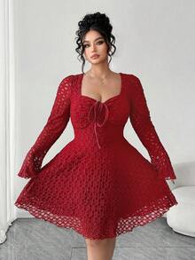 Elenzga Rochie de seară elegantă și elegantă pentru femei, de mărime mare, cu imprimeu tricotat, din dantelă, cu guler pătrat, cu mâneci evazate, tip A-line, cu cravată și fundă, pentru slăbire, la modă, elegantă, grațioasă, pentru întâlniri, nuntă, petrecere, cocktail, afaceri, formală, de Crăciun, toamnă/iarnă - roșu - Vizualizare 4