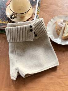 Comfortcana 女士休闲罗纹针织卡其色迷你短裤，秋冬款 - 卡其色 - 查看 4