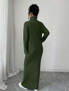 Elenzga 2pcs Women Classic Ribbed Texture Casual Knit Sweater Set, Autumn/Winter - Army Green - View 2