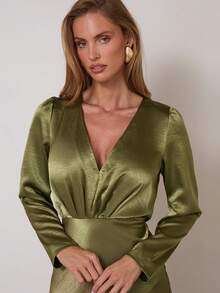 COSMINA Women's Satin Minimalist V-Neck Long Sleeve Elegance Dress,Green Dress, Olive Green Dress, Green Satin Dress, Long Sleeve Green Maxi Dress,Wedding Guest Dress Women - Green - View 5