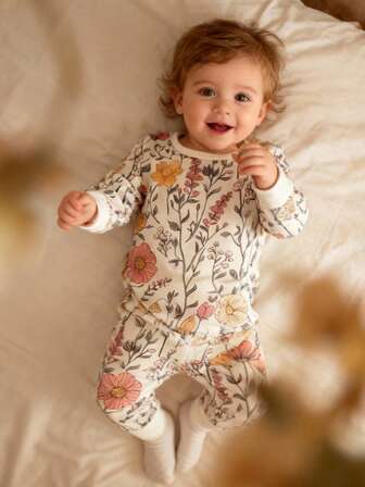 女婴/女童贴身柔软罗纹印花针织上衣和全长印花打底裤套装