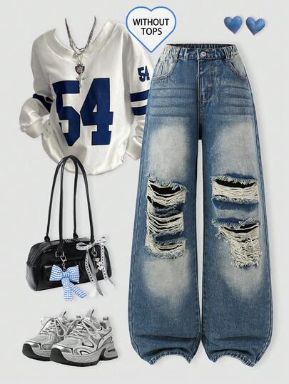 SHEIN ChillGRL 这款少女复古做旧牛仔休闲裤，采用褪色青铜色调水洗蓝面料，饰有破洞细节，弹性腰带穿着舒适，纽扣前襟方便穿脱，宽松版型，修身显瘦。适合外出、约会、派对、返校等各种场合，是春夏时尚百搭的学院风单品。