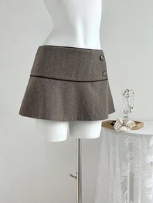 SHEIN PETITE Women's Retro Low-Waist Herringbone A-Line Skirt