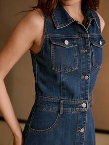 MOTF PREMIUM DENIM FLAP POCKET TIERED HIGH-LOW HEM SLEEVELESS DRESS