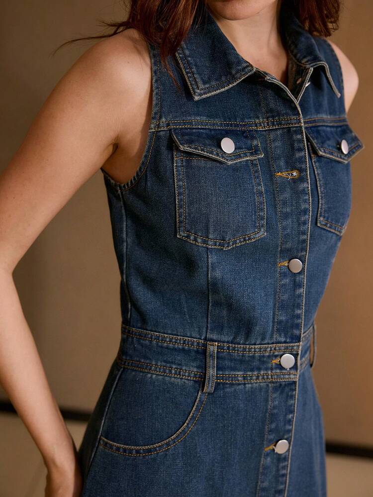 DENIM FLAP POCKET TIERED HIGH-LOW HEM SLEEVELESS DRESS