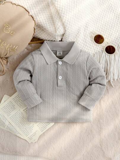 SHEIN Playful Pals Infant Boys' Casual Comfortable Loose Knit Polo Collar Long Sleeve Top, Autumn/Winter