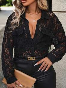 EMERY ROSE Large-Sized Elegant Autumn Knitted Shirt For Women - Black - View 1