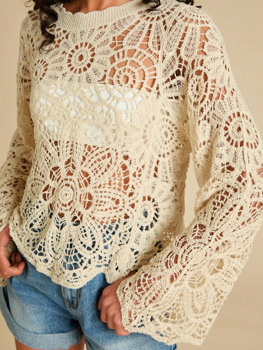 Travachic 女士花卉镂空宽松圆领长袖针织上衣，适合圣诞节、新年、感恩节、优雅冬季、毕业典礼、舞会、奢华晚宴等场合。 - 杏色 - 查看 1