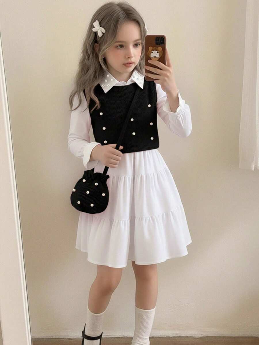 Elladie kids 3件套女童时尚优雅连衣裙套装,休闲纯色衬衫裙+串珠背心+串珠迷你包,春秋季 - 黑色 - 查看 1