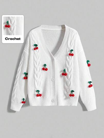 Cardigan kawaii e carino a maglia con motivo a fiori di ciliegio, maglione lavorato a maglia bianco oversize a maniche lunghe per donna, adatto per autunno/inverno