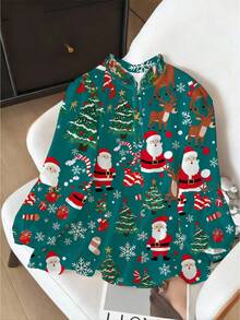 SHEIN Clasi Áo cánh tay bồng nhún bèo họa tiết cây thông Noel, người bánh gừng, kẹo gậy, ông già Noel, thời trang giản dị, phong cách Pháp cổ điển thanh lịch - Màu xanh lá cây đậm - Xem 8