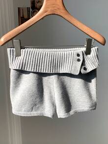 Comfortcana 女士罗纹针织休闲灰色迷你毛衣短裤，纯色针织灰色短裤，优雅针织短裤