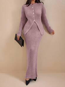 EURMUSE 女士纯色前开襟罗纹针织开衫和毛衣裙套装 - 紫丁香色 - 查看 4