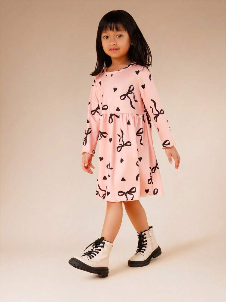 Long Sleeve Bow Hearts Print Dress