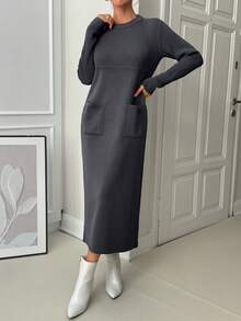 EURMUSE Women Solid Color Round Neck Pocket Detailed Maxi Sweater Dress - Grey - View 2