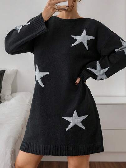 EURMUSE Casual One Shoulder Off Asymmetrical Neckline Batwing Sleeve Mini Bodycon Fitted Tailored Jacquard Star Pattern Mini Knit Dress For Fall Winter Women Outfits