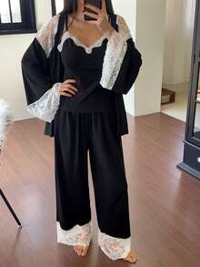 DAZY 3pcs Lace Patchwork Robe, Camisole & Pants Women Sleepwear Pajama Set, Fall & Winter Clothes - Black - View 4