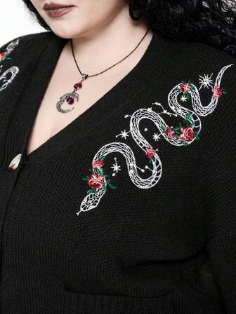 Goth Gotischer Schlangen- & Halbmond-Stickerei V-Ausschnitt Strickjacke in Große Größen für Frauen, geeignet für den Winter