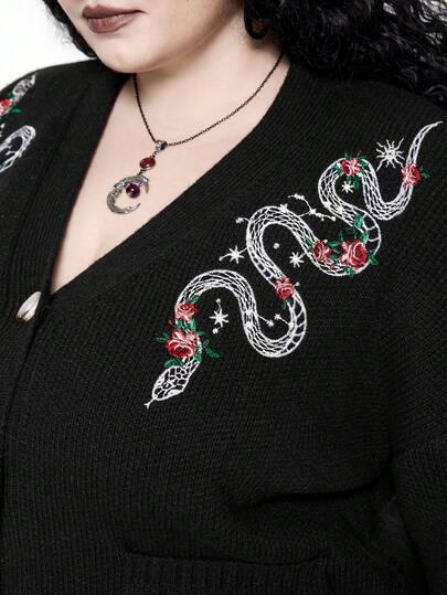Goth Cardigan à col en V avec broderie de serpent gothique et de lune croissante pour grandes tailles, convient pour l'hiver