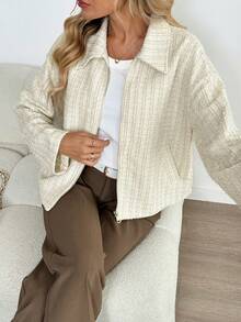 SHEIN LUNE Chaqueta de tweed elegante color crema blanco para mujer, estilo francés con manga larga, cuello de camisa y cremallera, chaqueta casual de negocios para oficina, otoño e invierno para mujeres - Albaricoque - Ver 5