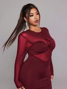 NU&NOW Plus Size Women's Long-Sleeved Round Neck Mesh Panel Fitted Sexy New Year Party Dress - Red - View 7
