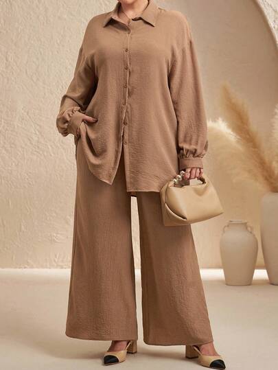 SHEIN Clasi Plus Size Casual Allover Print Dropped Shoulder Lantern Sleeve Shirt And Wide Leg Pants 2 Pieces Set,Business Casual Woman Brown Two Piece Set Women Linen Pants Set Wide Leg Pants Set