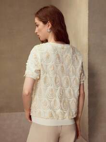 MOTF PREMIUM Top in maglia lavorata a trama con paillettes e maniche a palloncino, alla moda, elegante, di lusso - Albicocca - Visualizzare 3