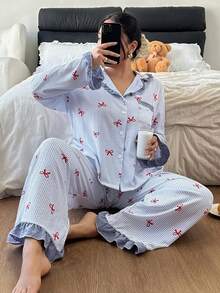 Dream Adore Plus Size Women Striped Bow Print Contrast Color Ruffle Trim Long Sleeve Pajama Set With Open Front Collar Bow Print Pajamas Striped Pajamas Ruffle Trim Pajamas Sleep Wear Women 2 Piece Set, Fall & Winter Clothes