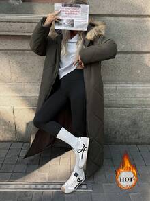 Elyressa 女士休闲拉链连帽外套，带毛领，冬季 - 軍綠色 - 查看 4