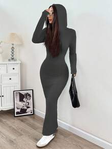 SHEIN EZwear 女士秋冬连帽抽绳修身长袖针织紧身连衣裙 - 深灰色 - 查看 6