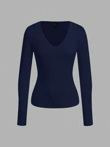 SHEIN EZwear 3 件套女士深 V 领修身休闲长袖 T 恤套装，秋冬 - 彩色 - 查看 11