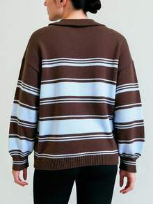 INAWLY Autumn/Winter New Striped Drop Shoulder Sweater, Long Sleeve Knit Pullover - Brown - View 2