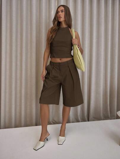 MUSERA Pleated Straight Fit Tailored Longline Shorts Only Classy Sexy Streetwear   Night Out   Party Valentines Day Spring