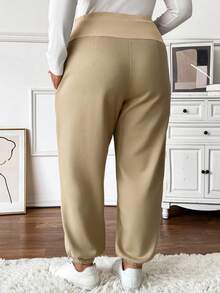 Plussiva 孕妇加大码女士保暖内衬可调节长裤，秋冬季 - 卡其色 - 查看 2