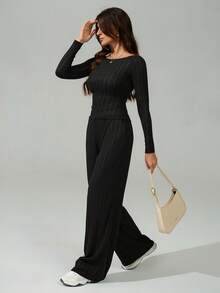 SHEIN Tall Autumn And Winter Women's Wide-Striped Knitted Slim Irregular Slanted Hem Top + Wide-Leg Pants Casual And Comfortable Home Black Two Pieces Suit - Black - View 6
